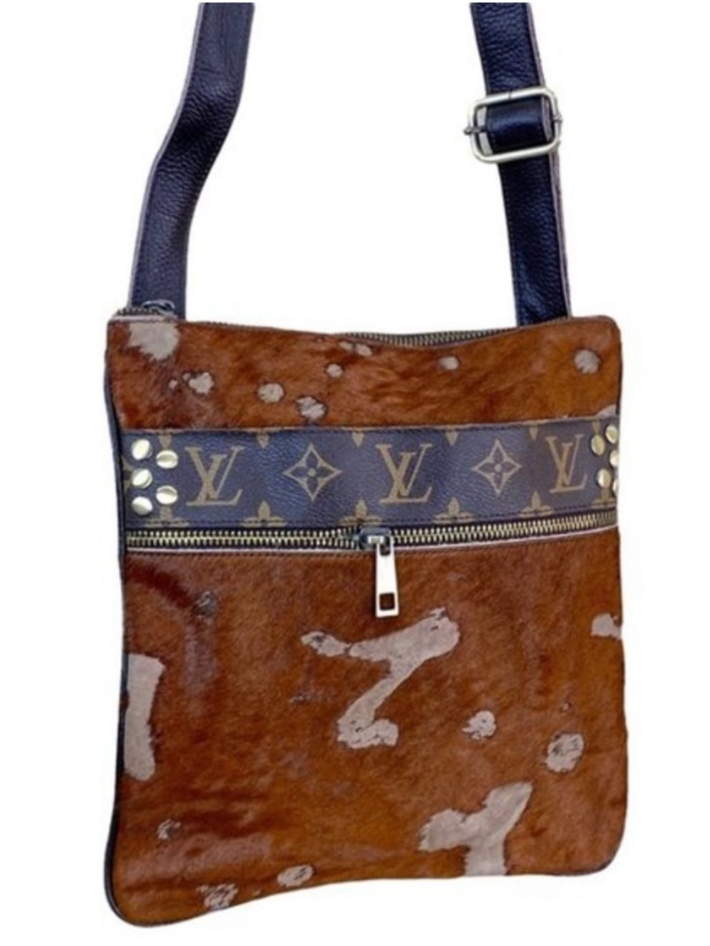 Keep It Gypsy Upcycled Boho LV Calf Hair Leather Crossbody Brown NWOT - Picture 2 of 9